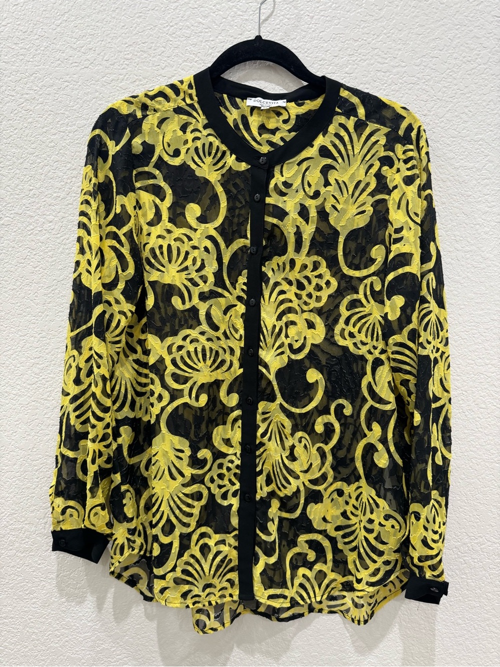 Dolce Vita Italy Blouse XL Yellow Black Sheer Burnout Floral Button Front Top